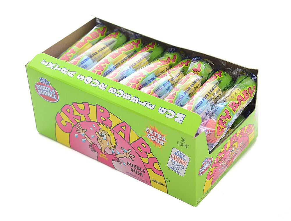 Dubble Bubble Cry Baby Extra Sour Tube box-front image highlighting 36 tubes for easy sharing.