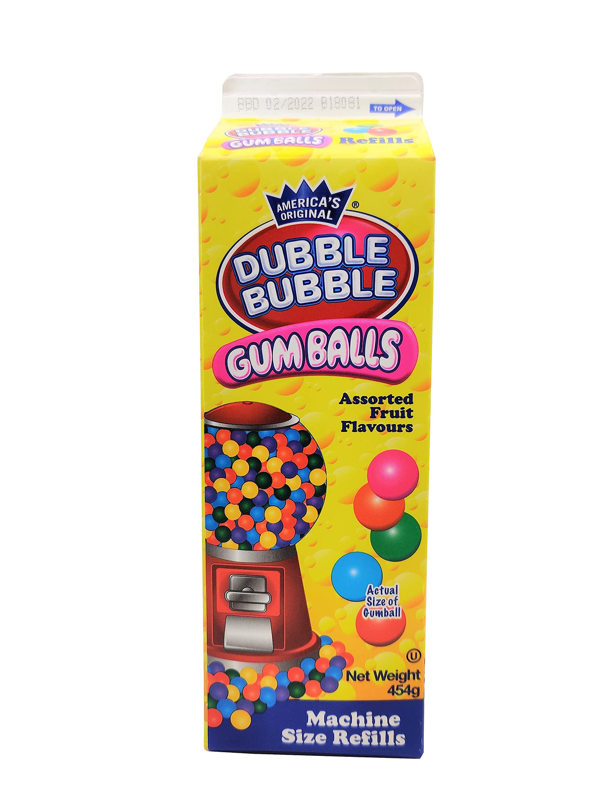 Dubble Bubble gumballs carton pack shot highlights a shareable classic candy.