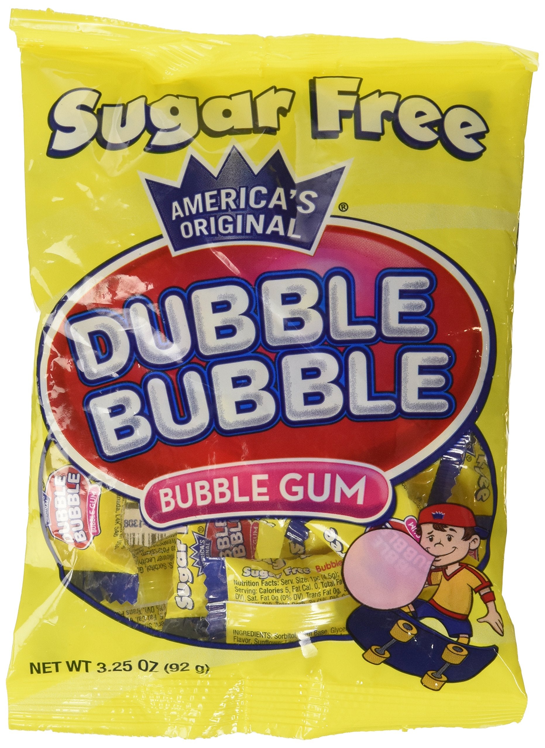 Dubble Bubble Sugar Free Gum bag front with bold branding and 3.25 oz size