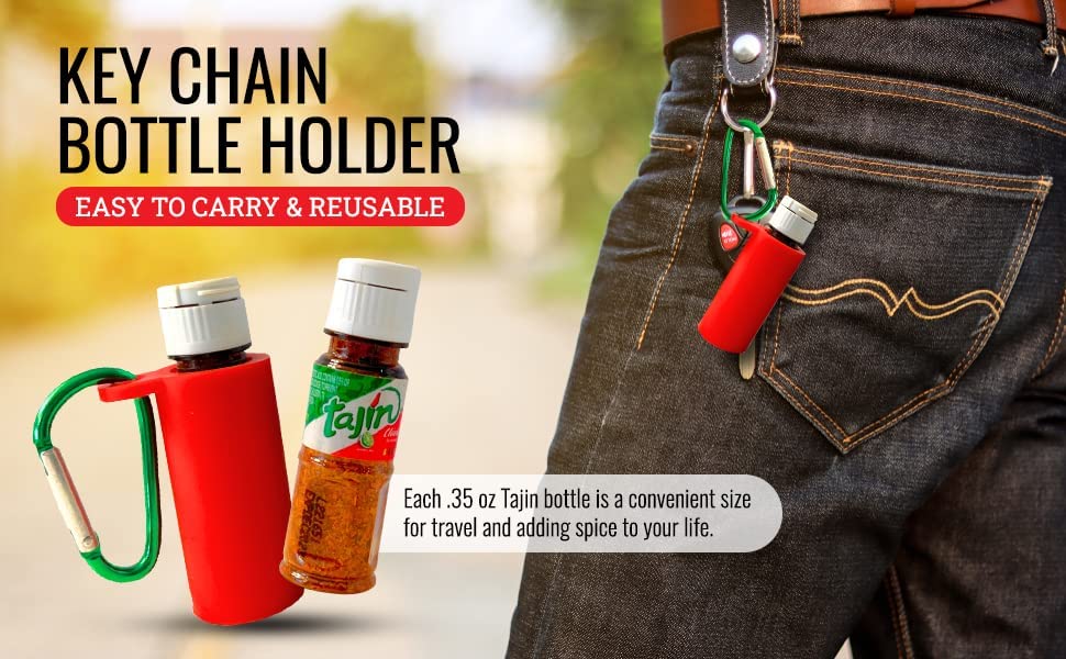 Dubbs Hardware Tajín silicone holder closeup highlights durable protection during travel and hikes.