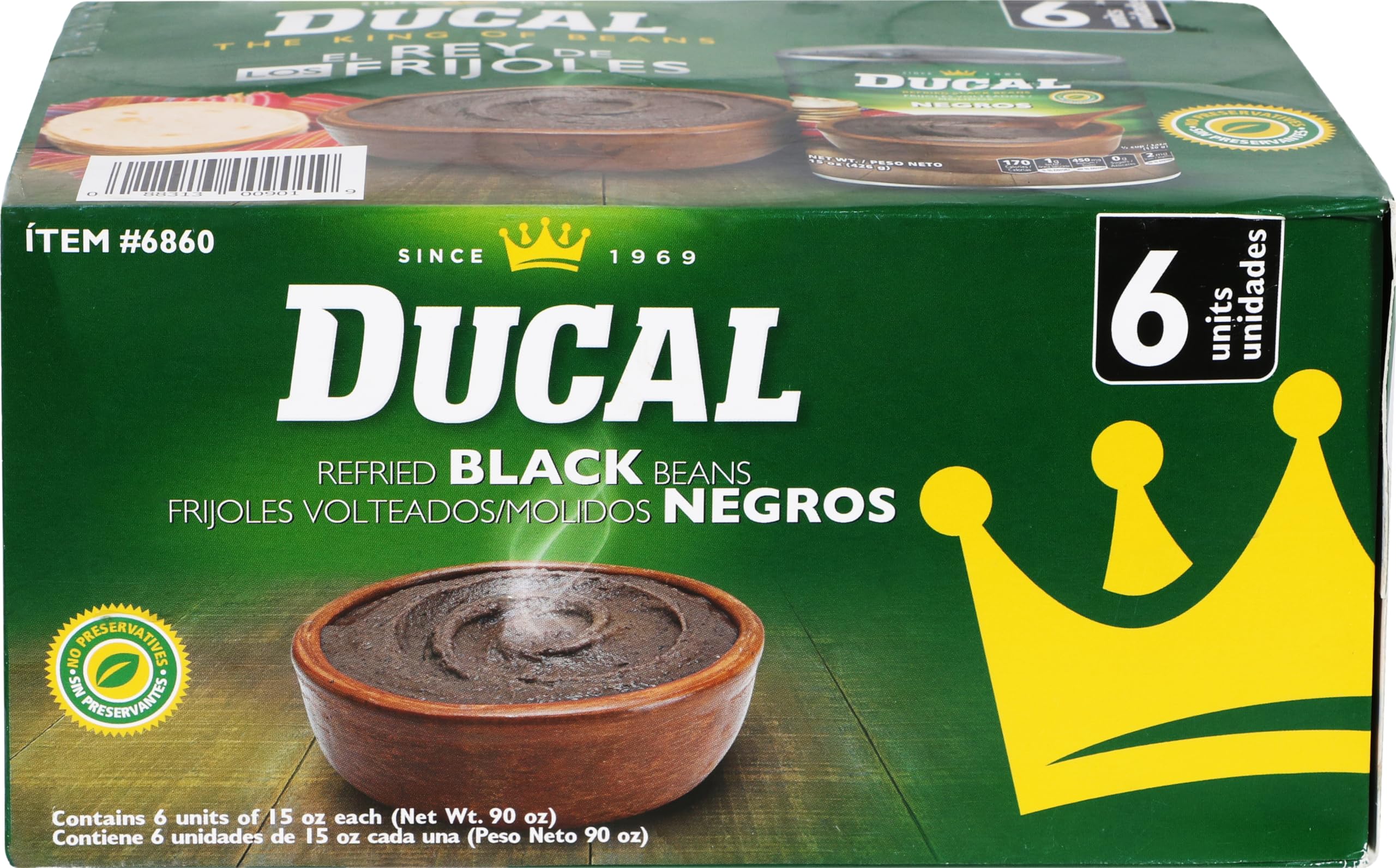 Ducal Instant Vegetarian Black Refried Beans pack six, showing smooth texture for ready-to-eat meals.