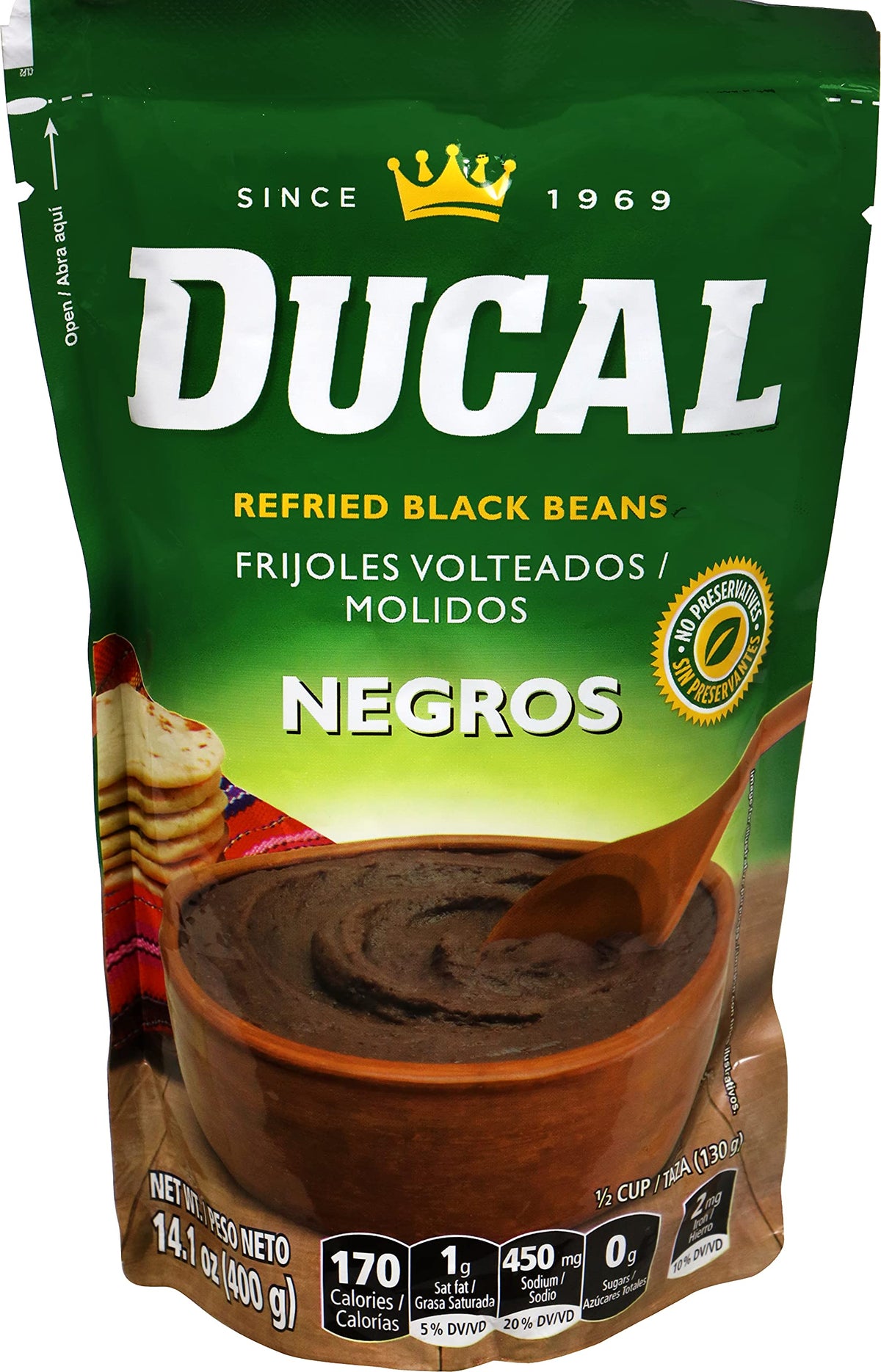 Ducal Refried Black Beans pouch pour texture, ready to heat for quick meals.