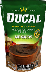 Ducal Refried Black Beans pouch pour texture, ready to heat for quick meals.