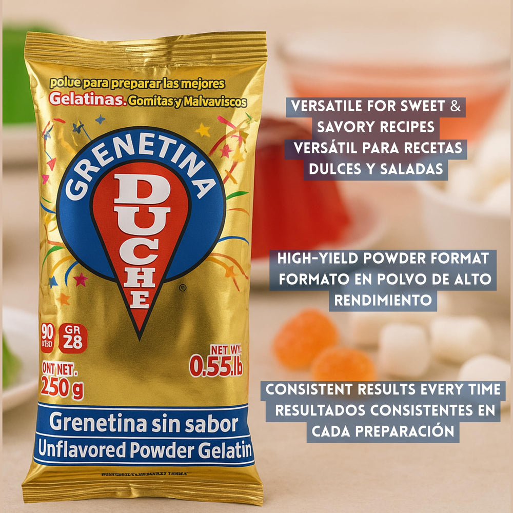 Duche gelatin powder with measuring scoop ready for precise portions