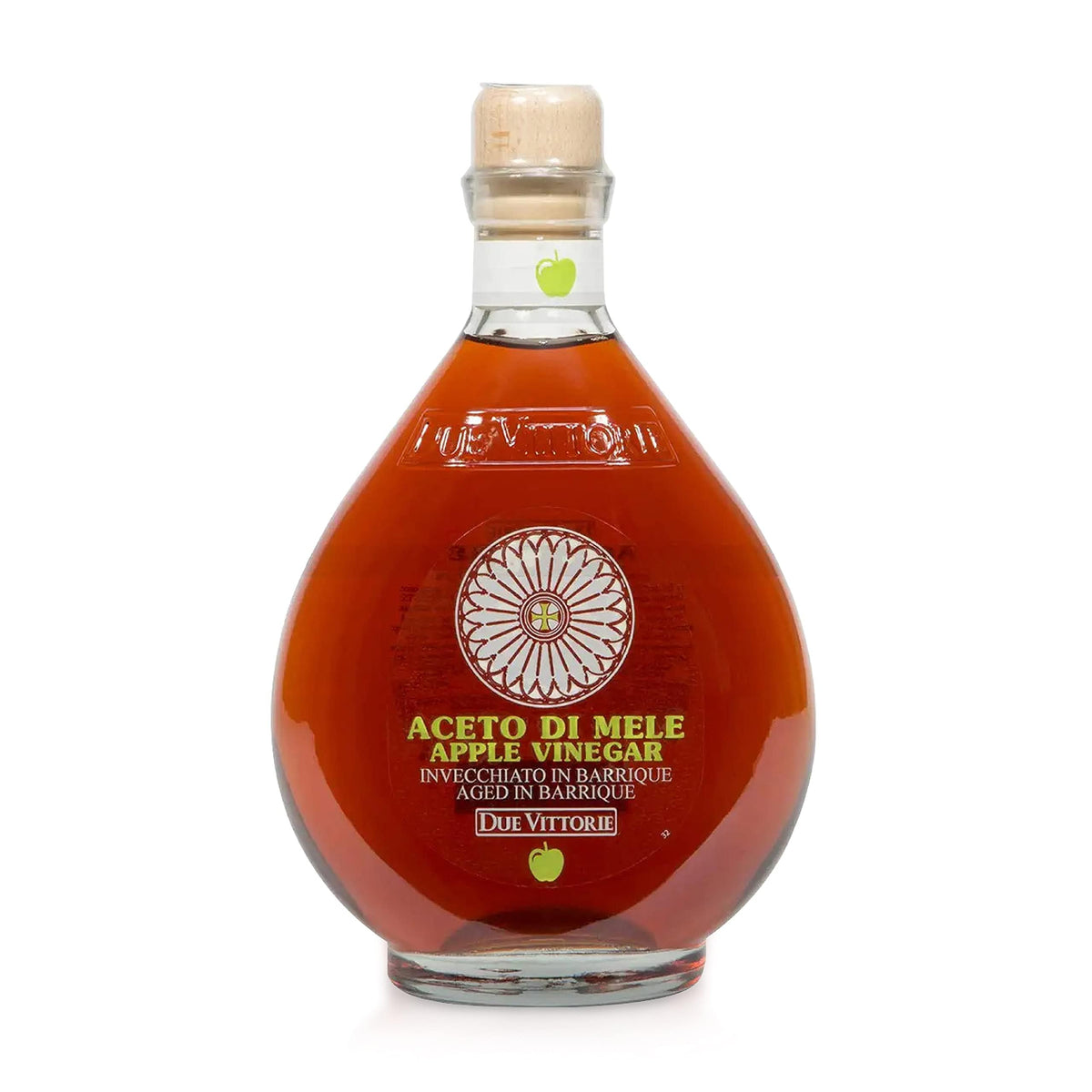 Due Vittorie apple vinegar bottle on a wooden table, ideal for everyday cooking