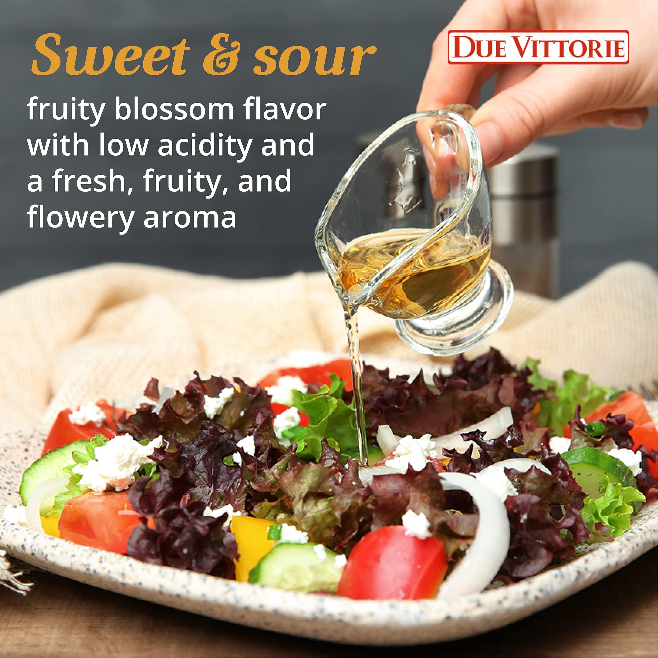 Due Vittorie Dolceto White Balsamic Dressing label close-up highlighting Modena heritage.