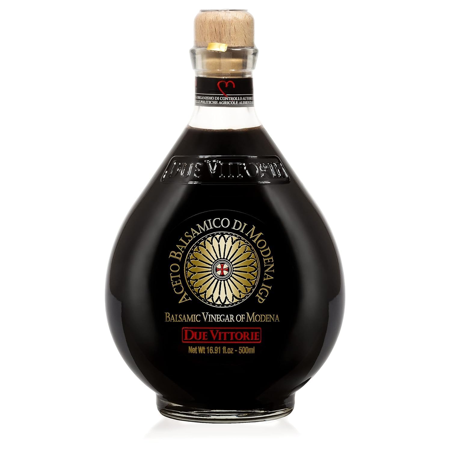 Due Vittorie Oro Gold balsamic bottle close-up for premium finishing on dishes