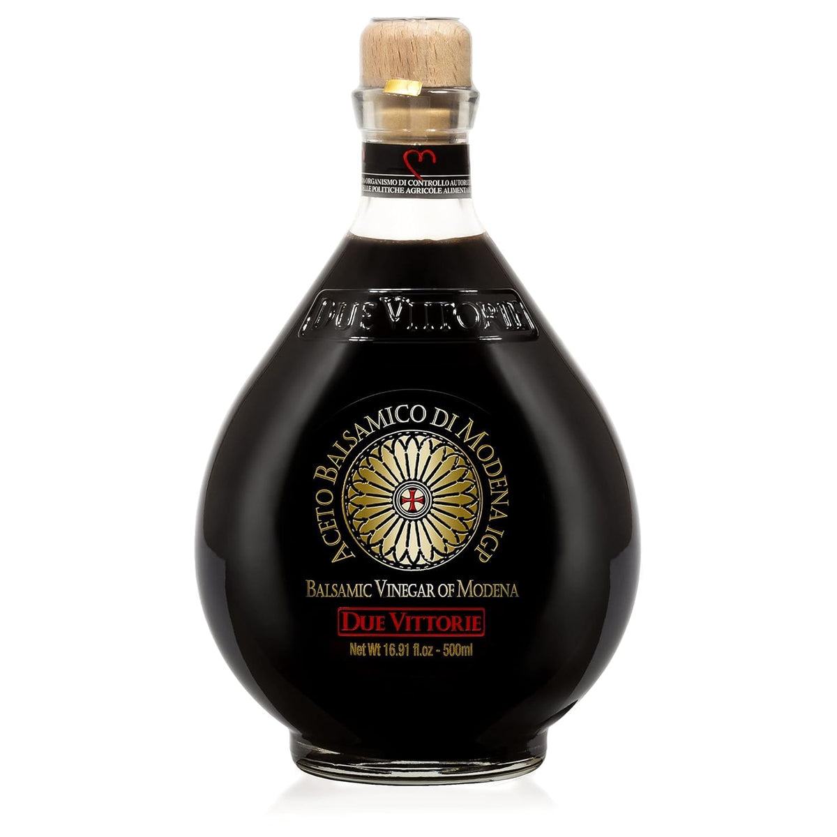 Due Vittorie Oro Gold balsamic bottle close-up for premium finishing on dishes