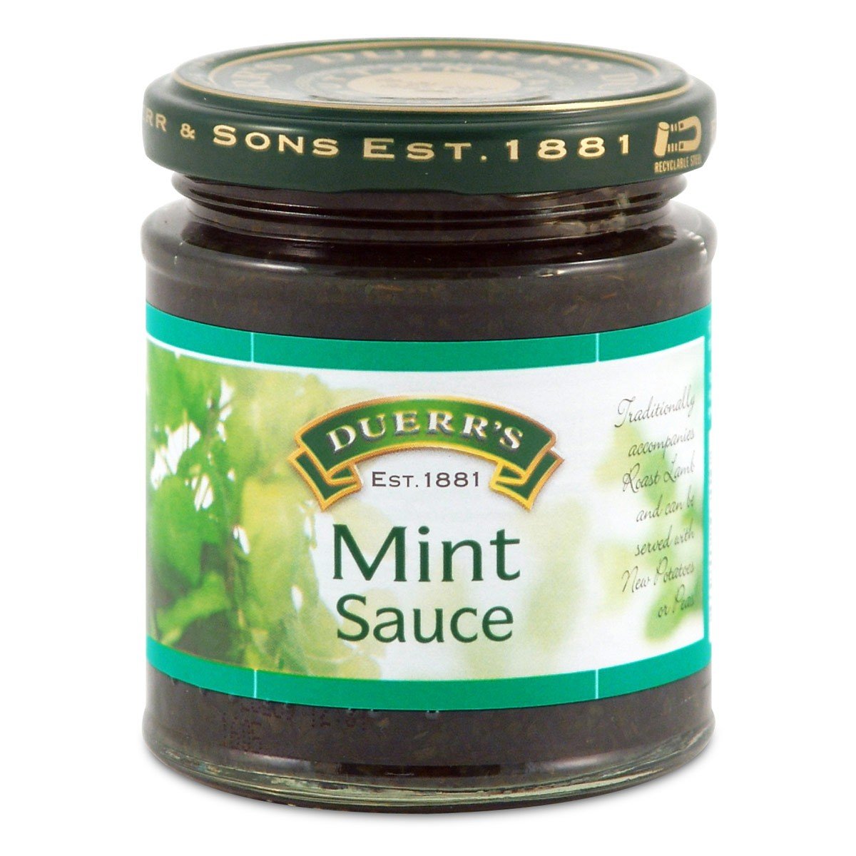 Duerr's Mint Sauce in a glass jar, perfect with roast lamb for British flavor.