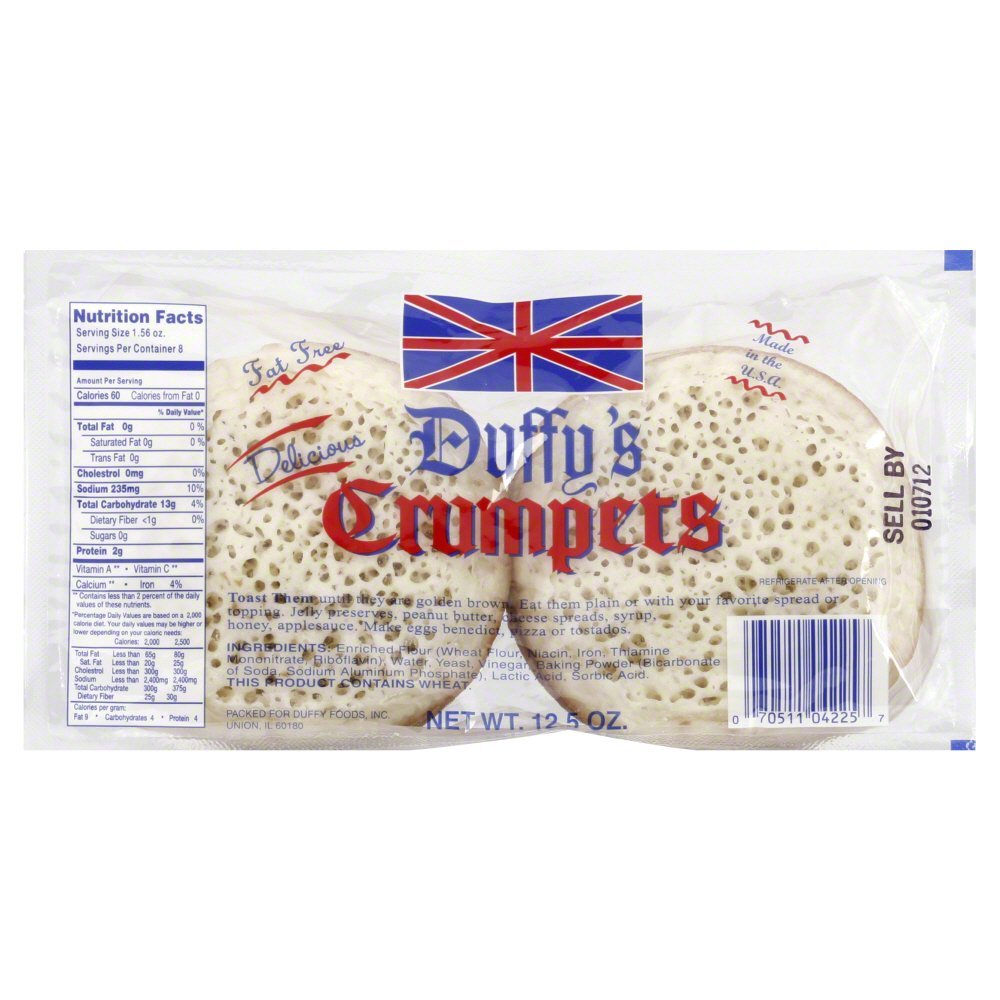 Duffy's Crumpet 8ct pack on a breakfast board; ideal for toasting with butter.