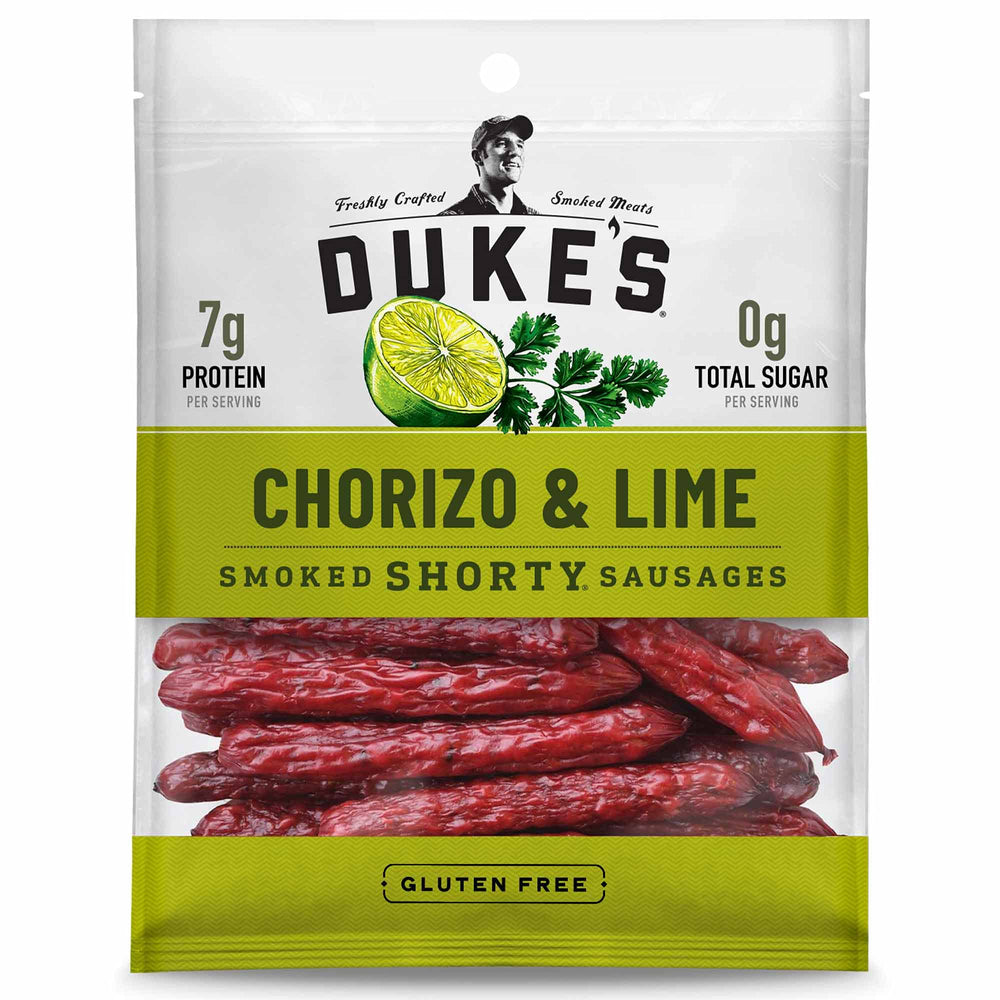 DUKE'S Chorizo & Lime Smoked Shorty Sausages pack—gluten-free, protein-rich snack.
