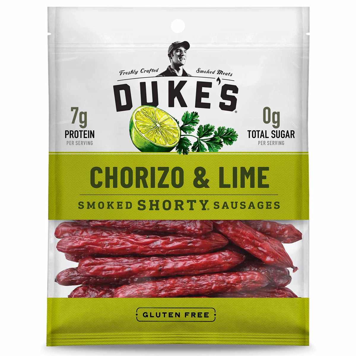 DUKE'S Chorizo & Lime Smoked Shorty Sausages pack—gluten-free, protein-rich snack.