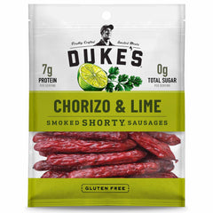 DUKE'S Chorizo & Lime Smoked Shorty Sausages pack—gluten-free, protein-rich snack.