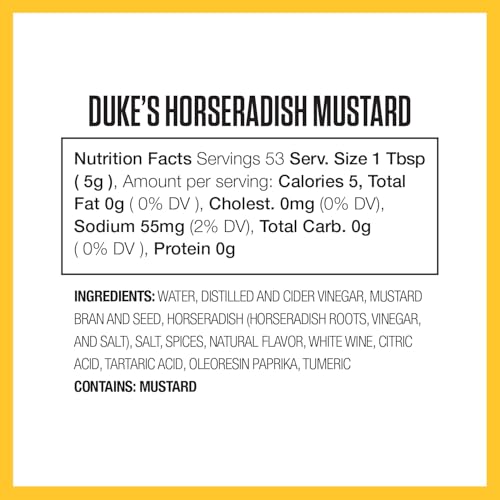Close-up of DUKE'S Horseradish Mustard label highlighting premium ingredients.