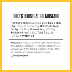 Close-up of DUKE'S Horseradish Mustard label highlighting premium ingredients.