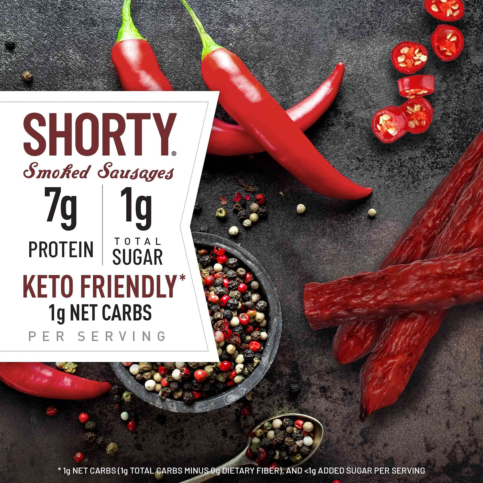Duke's Hot Spicy Shorty Sausages close-up slices show pepper-kick flavor for ready-to-eat bites.