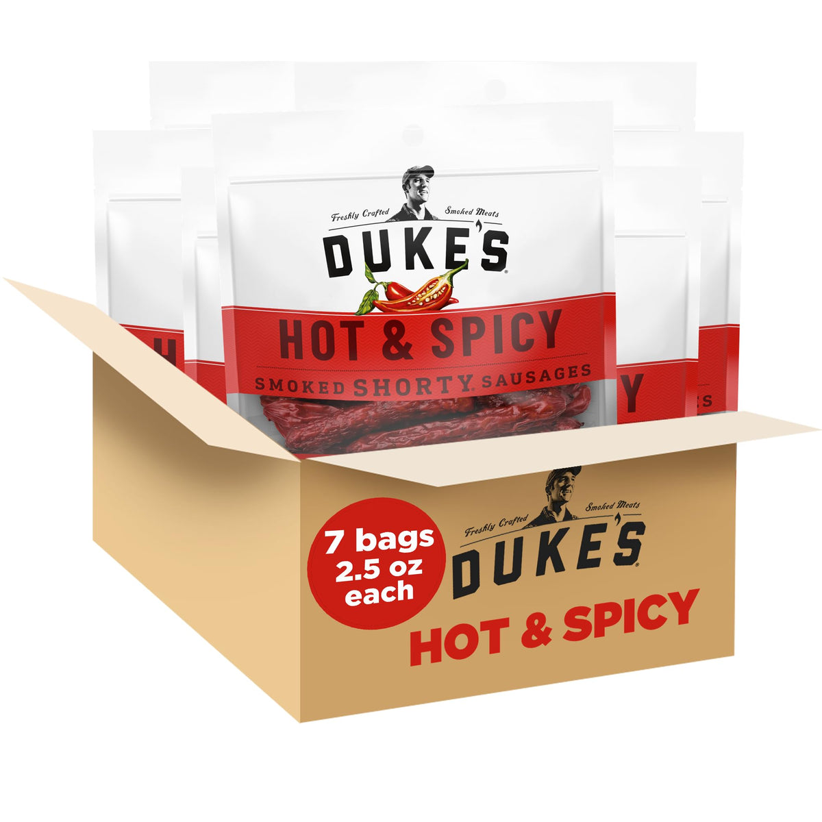 Duke's Hot and Spicy Shorty Sausages pack on display for convenient snacking