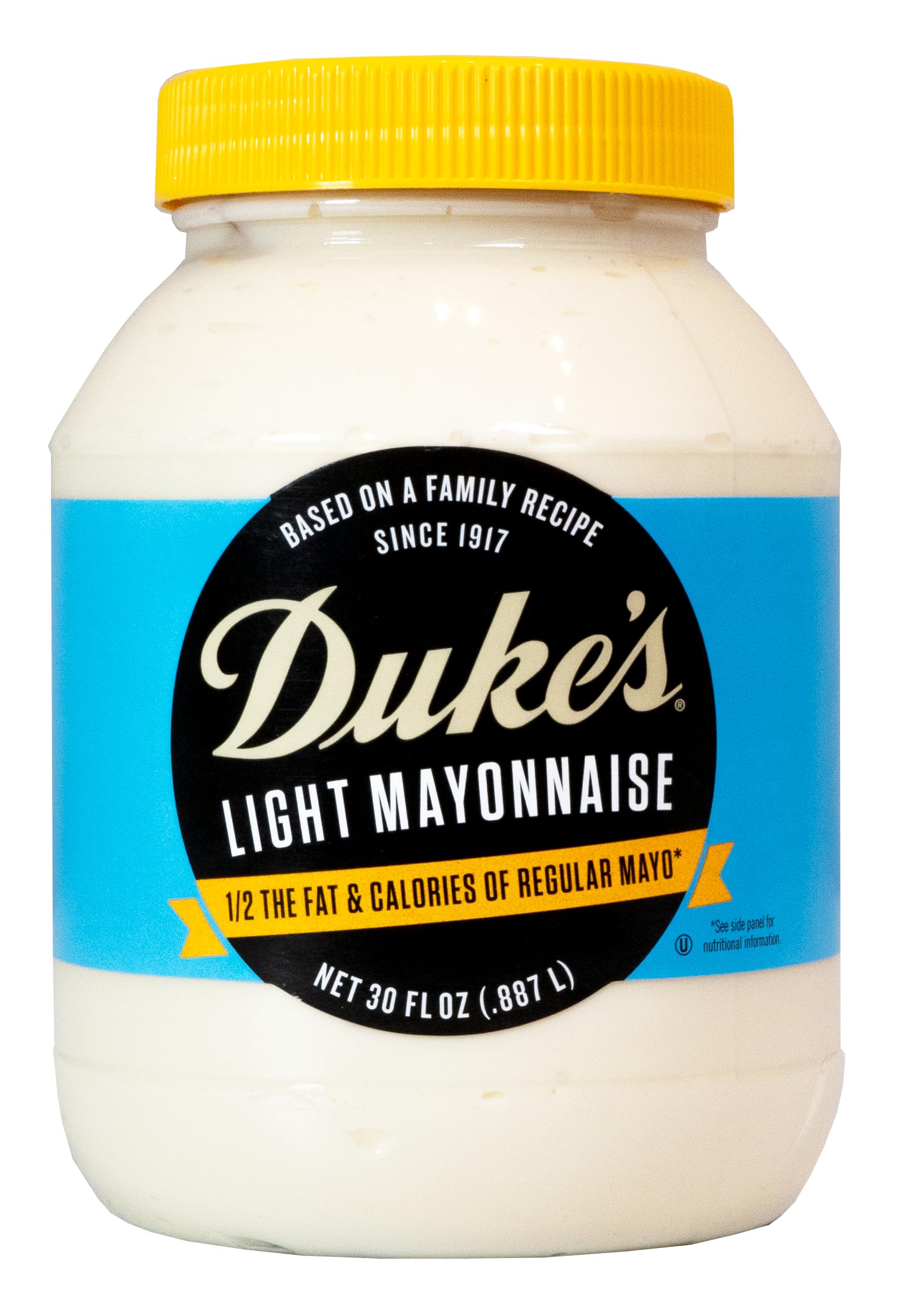 Duke's Light Mayonnaise jar front view showing creamy texture and lower-calorie option.