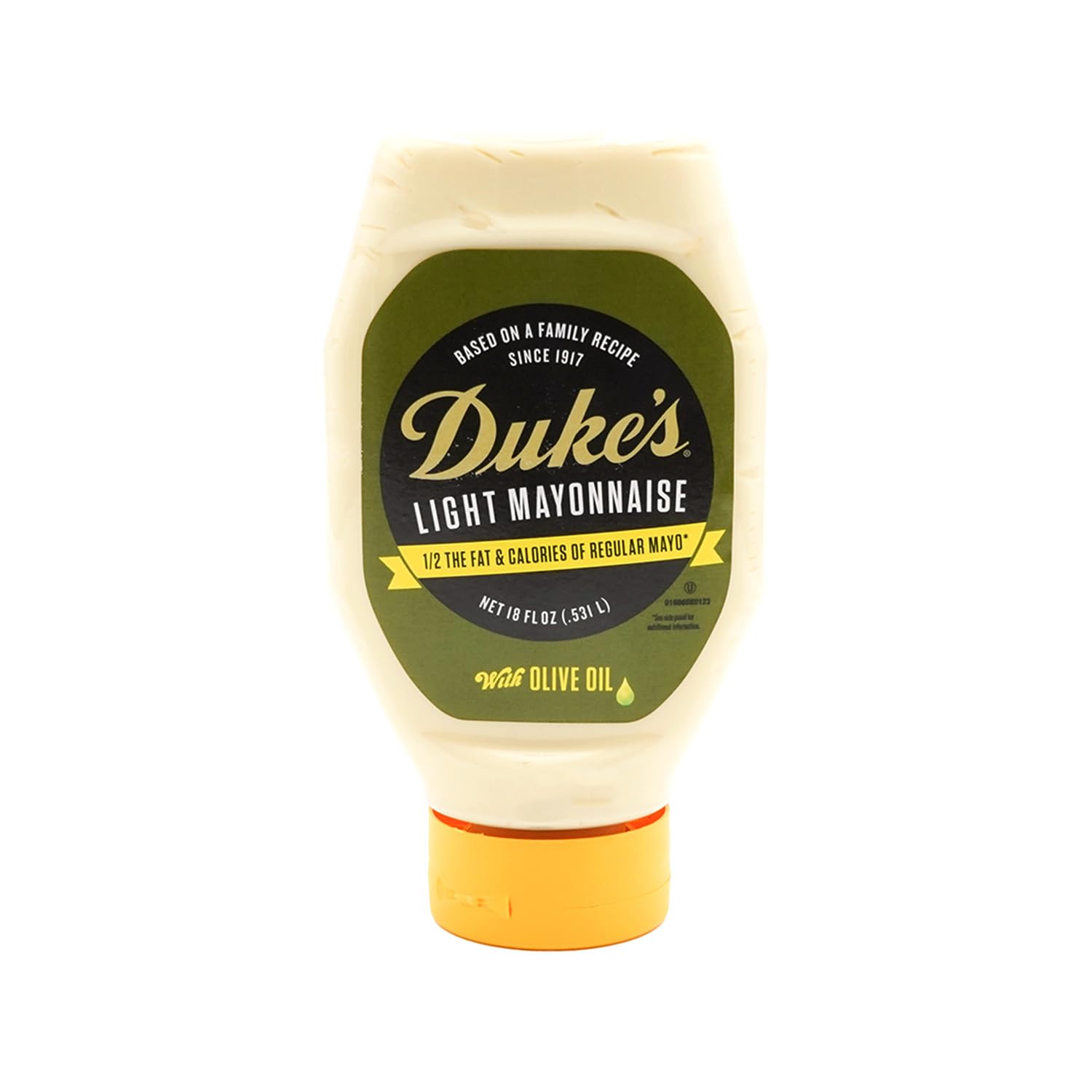Duke's Light Mayonnaise with Olive Oil Blend bottle close-up showing creamy texture for daily meals.