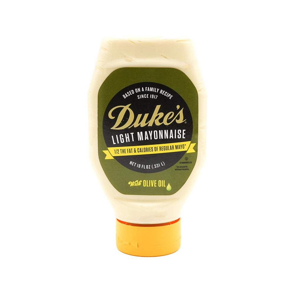 Duke's Light Mayonnaise with Olive Oil Blend bottle close-up showing creamy texture for daily meals.