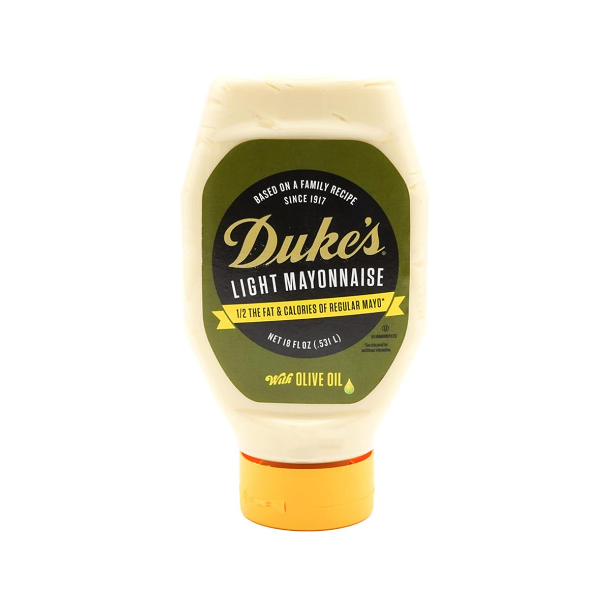 Duke's Light Mayonnaise with Olive Oil Blend bottle close-up showing creamy texture for daily meals.