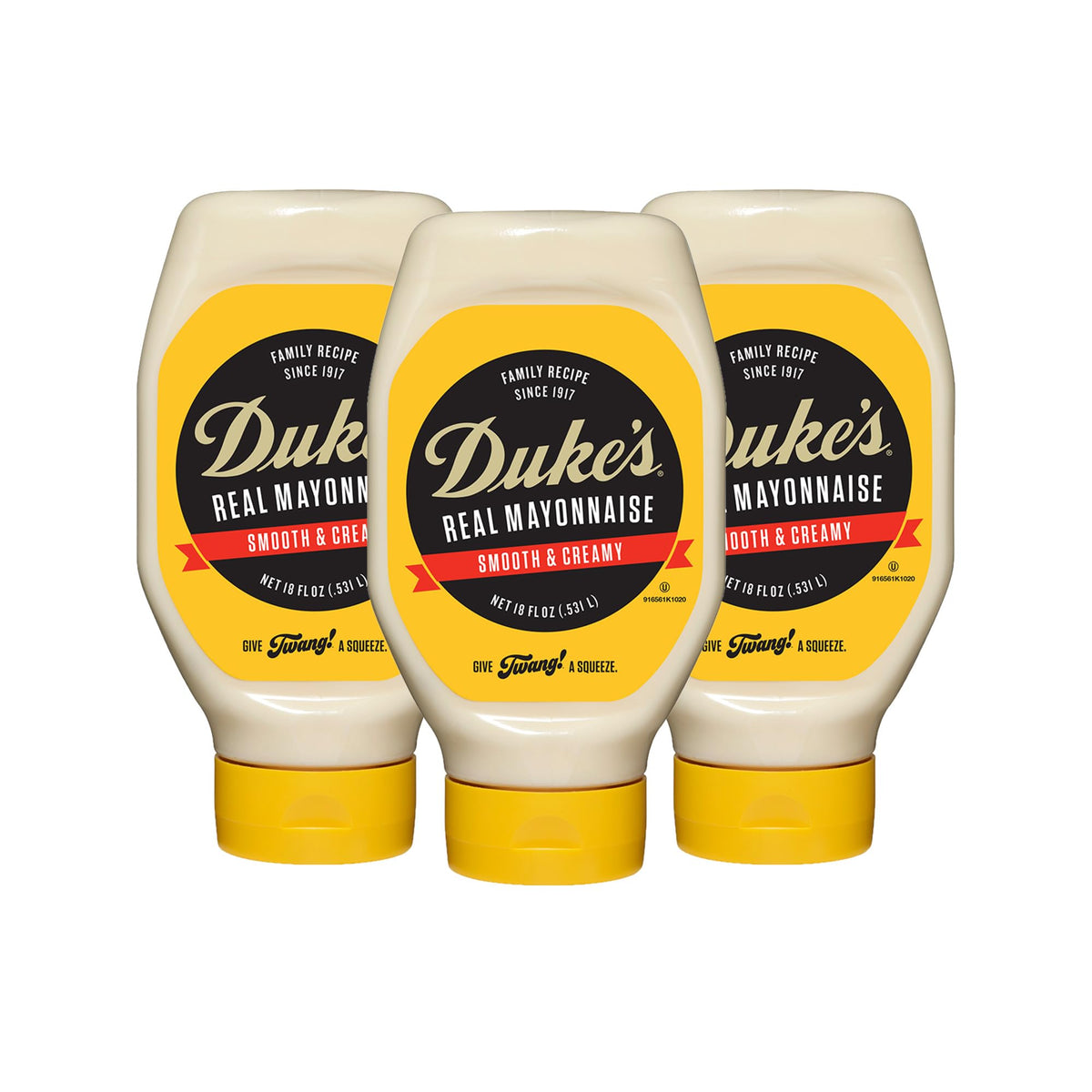 Duke's Real Mayonnaise squeeze bottle pouring for quick sandwich spreads.