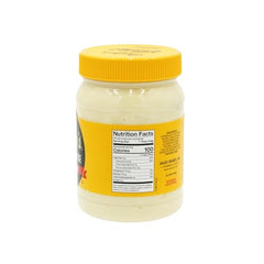 Close-up of Duke's mayo label highlighting rich egg yolk base