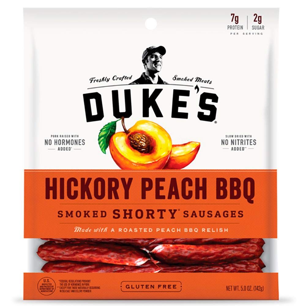DUKE'S Hickory Peach BBQ Shorty Sausages image, ideal for on-the-go snacking with 7g protein per serving.