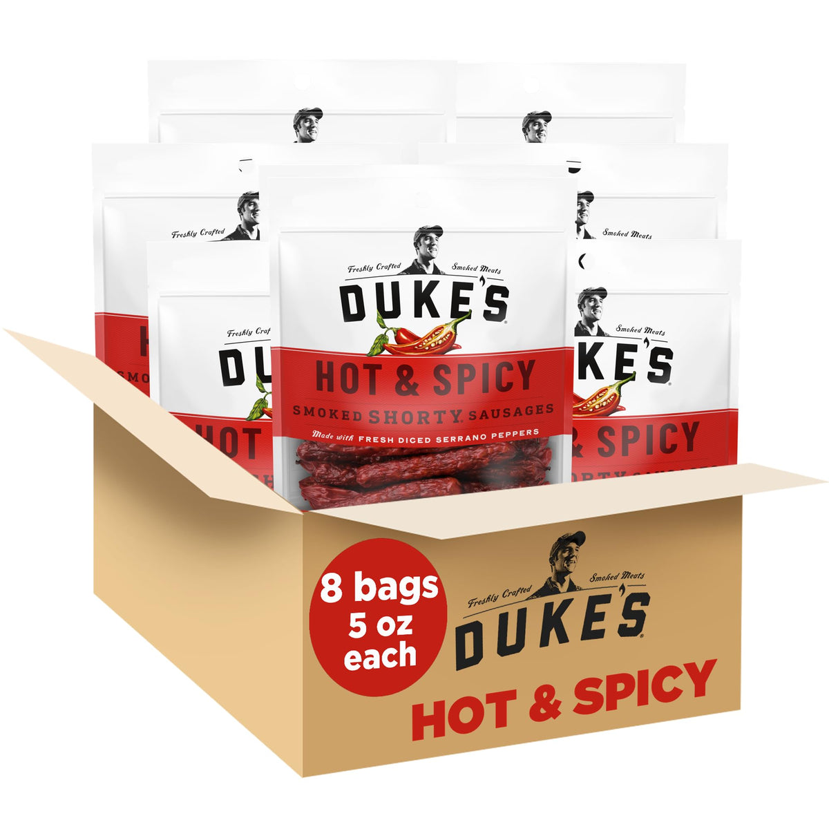 Duke's Pork Hot Spicy Shorty Sausages pack of 8 for on-the-go snacking.
