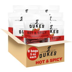 Duke's Pork Hot Spicy Shorty Sausages pack of 8 for on-the-go snacking.