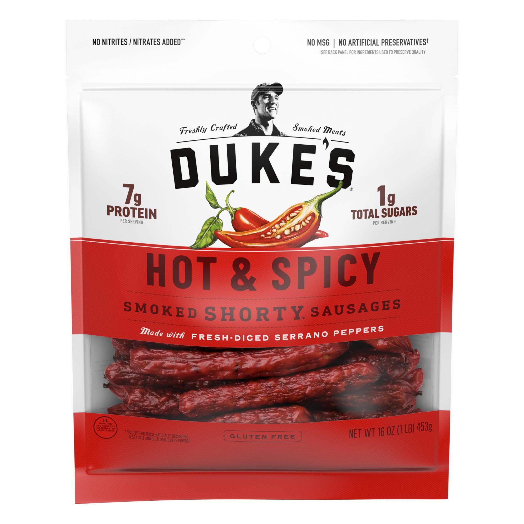 DUKE'S pork hot-spicy shorty sausages pack for snack time.