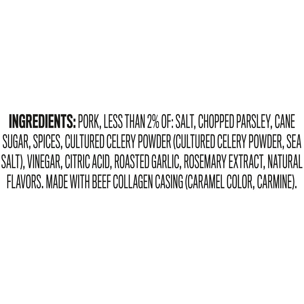 DUKE'S Pork Original Smoked Shorty Sausages ingredients close-up with parsley and garlic.