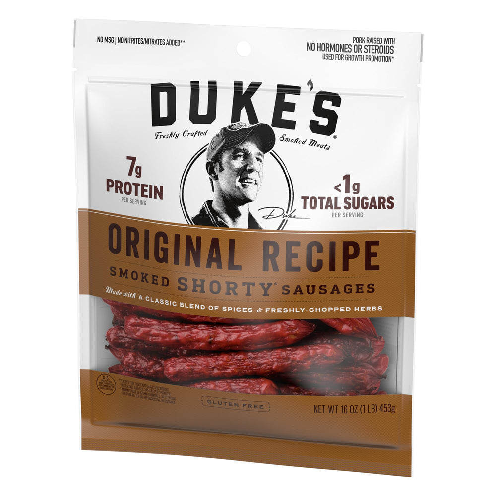 DUKE'S Pork Original Smoked Shorty Sausages on hike, compact snack for active days.