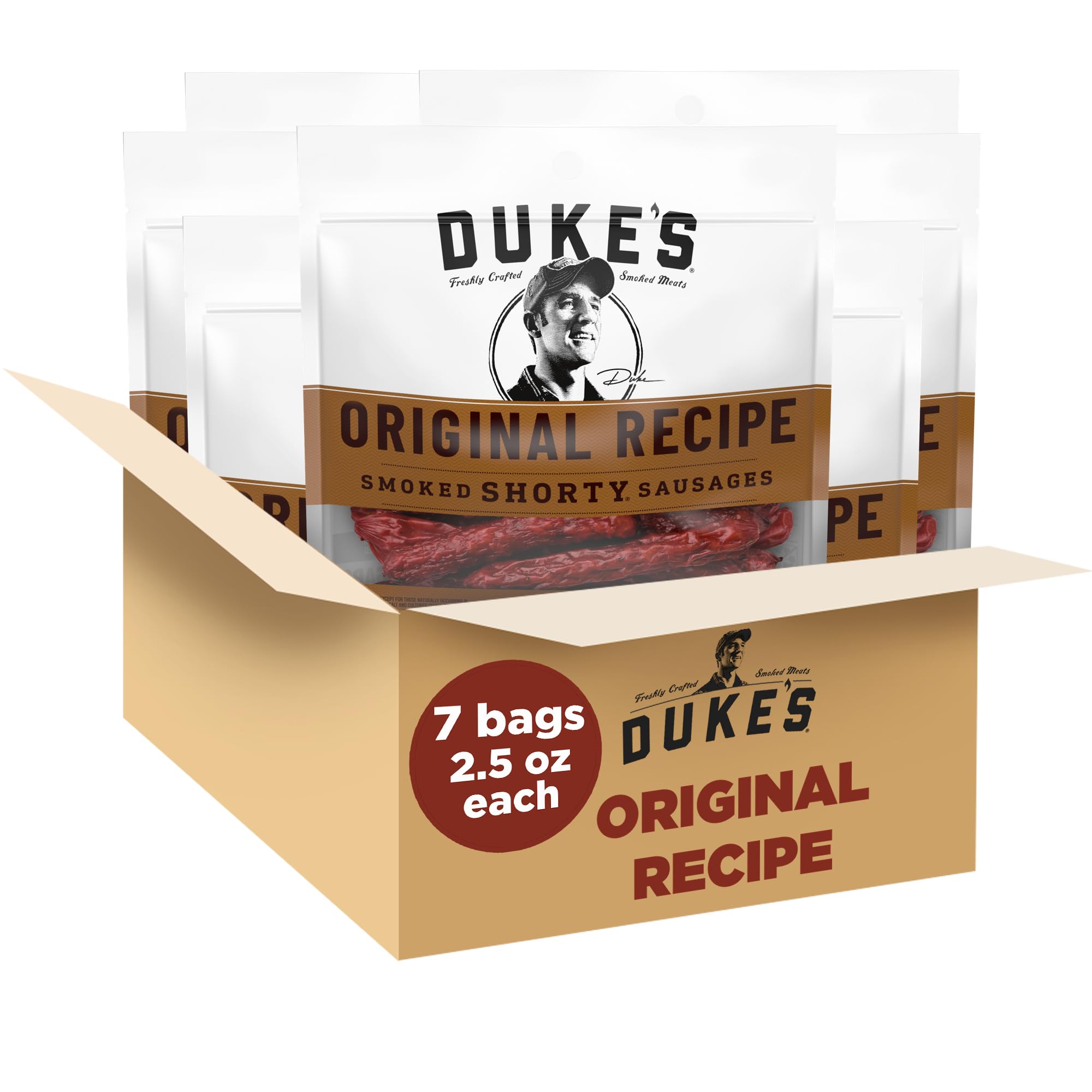 Duke's Pork Original Smoked Shorty Sausages front pack, seven high-protein snack bags for gifting.