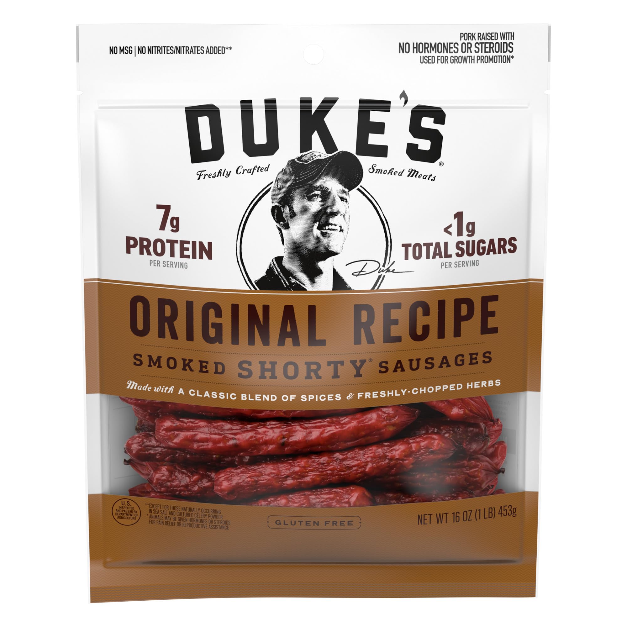 DUKE'S Pork Original Smoked Shorty Sausages bag, ideal for sharing on adventures.