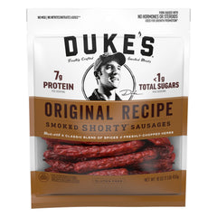 DUKE'S Pork Original Smoked Shorty Sausages bag, ideal for sharing on adventures.