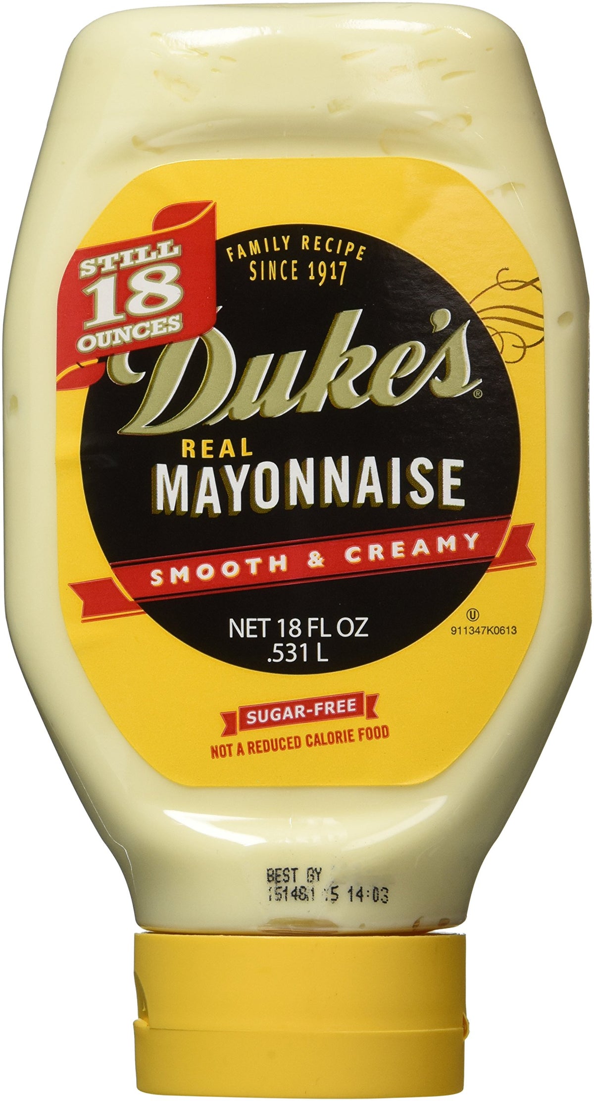 Duke's Real Mayonnaise jar pour shows creamy texture for sandwiches.