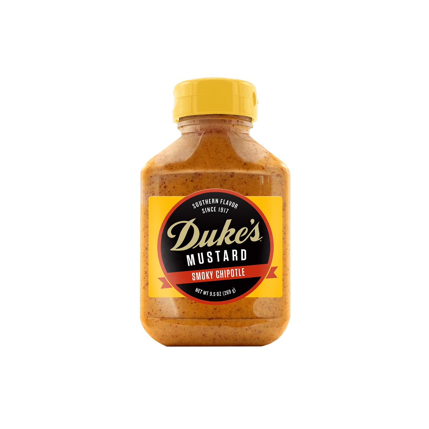 Duke's Smoky Chipotle Mustard bottle pour highlights bold smoky flavor on sandwiches.