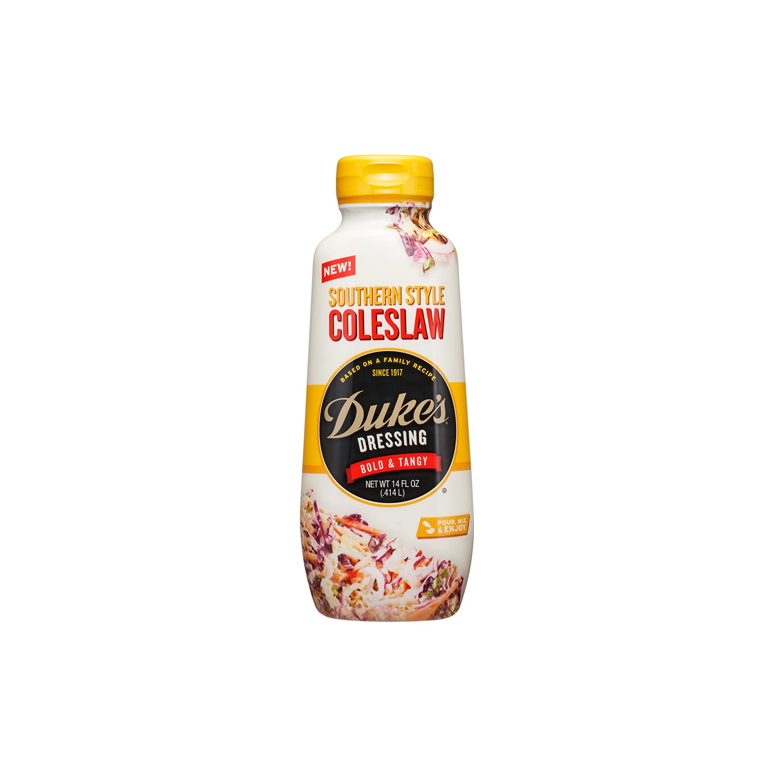 Duke's Southern Style Coleslaw Dressing bottle ready to pour, tangy flavor ideal for slaw.