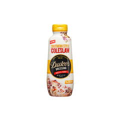 Duke's Southern Style Coleslaw Dressing bottle ready to pour, tangy flavor ideal for slaw.