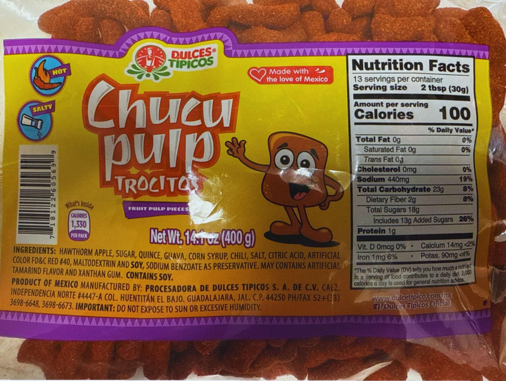 Close-up of Dulces Tipicos Chucu Pulp Trocitos highlighting chewy fruit pulp texture