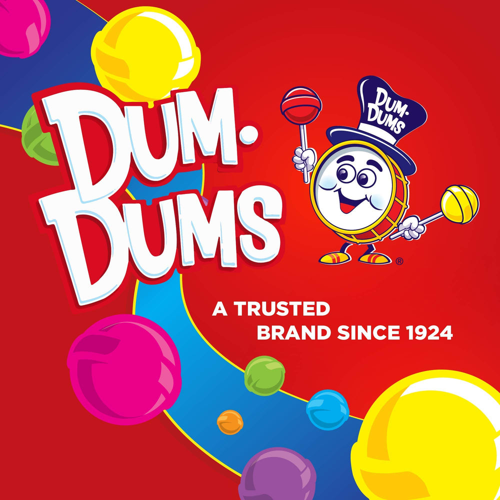 Dum Dums packaging closeup, glossy wrappers and colorful assortment.
