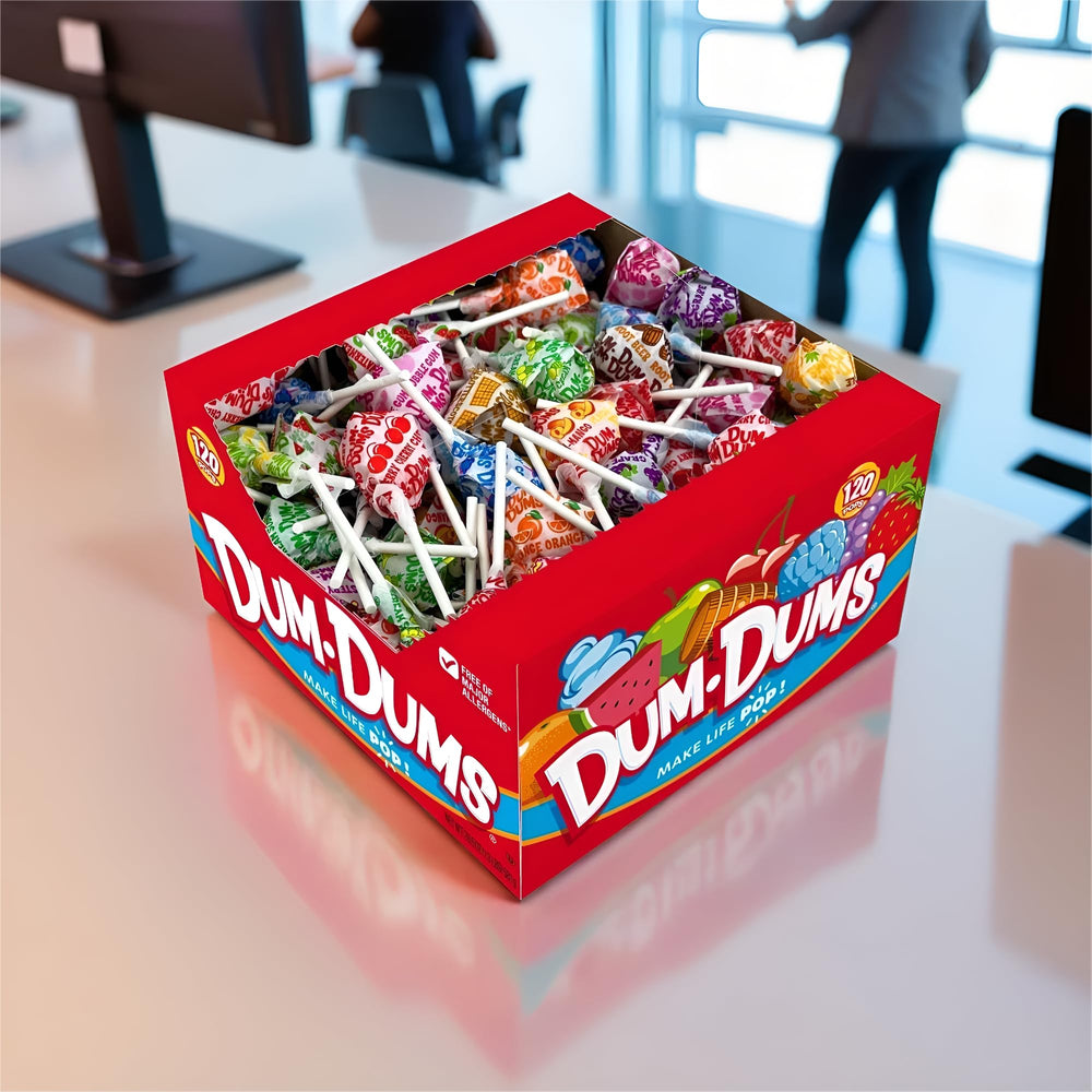 Classic Dum Dums flavors visible on wrappers for nostalgic snacking.