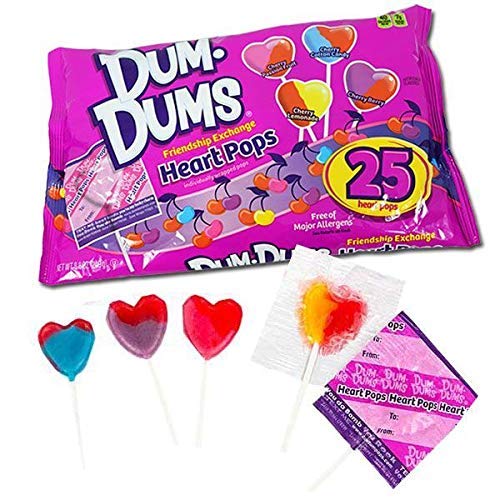 Dum Dums Friendship Exchange Heart Pops cherry flavor, ideal for parties and sharing.