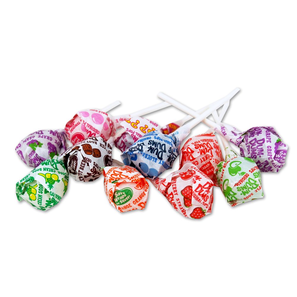 Dum Dums Pops colorful wrappers closeup showing flavor variety.