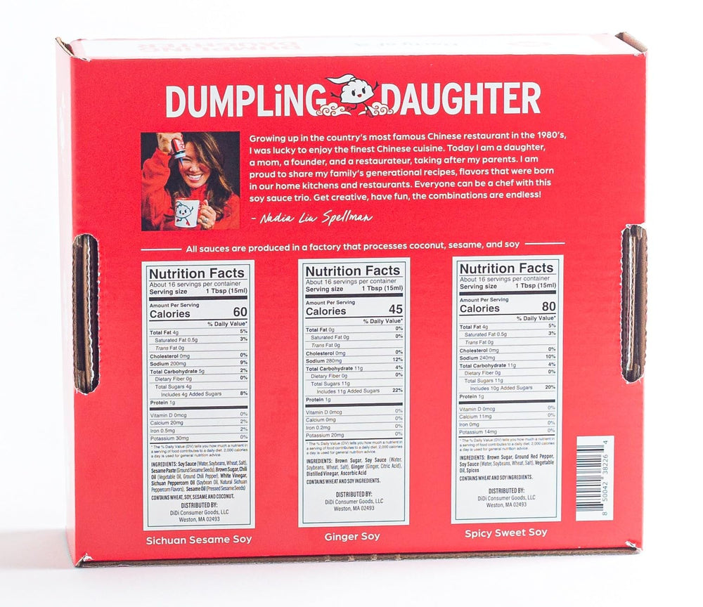Dumpling Daughter ginger soy bottle close-up highlighting fresh ingredients for flavorful meals.