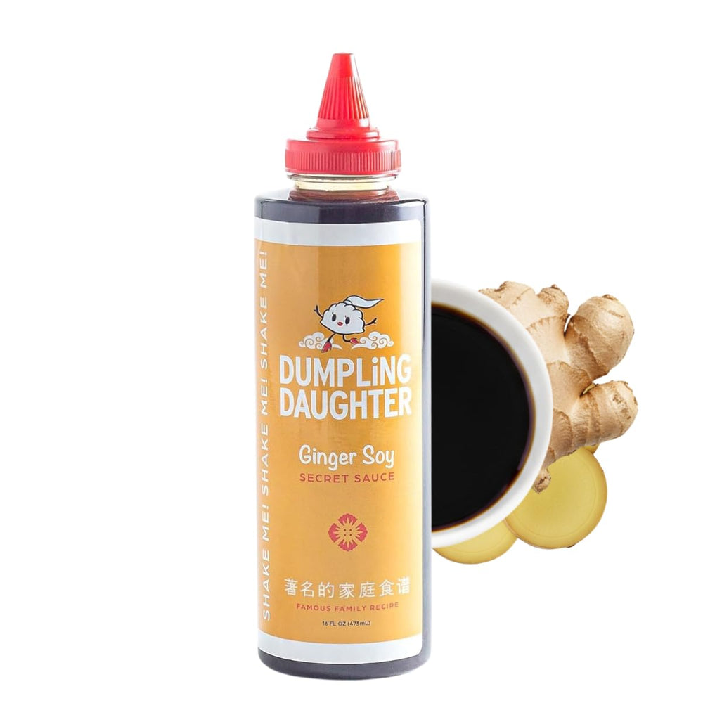 Dumpling Daughter Ginger Soy bottle shows fresh ginger for bright, balanced flavor.