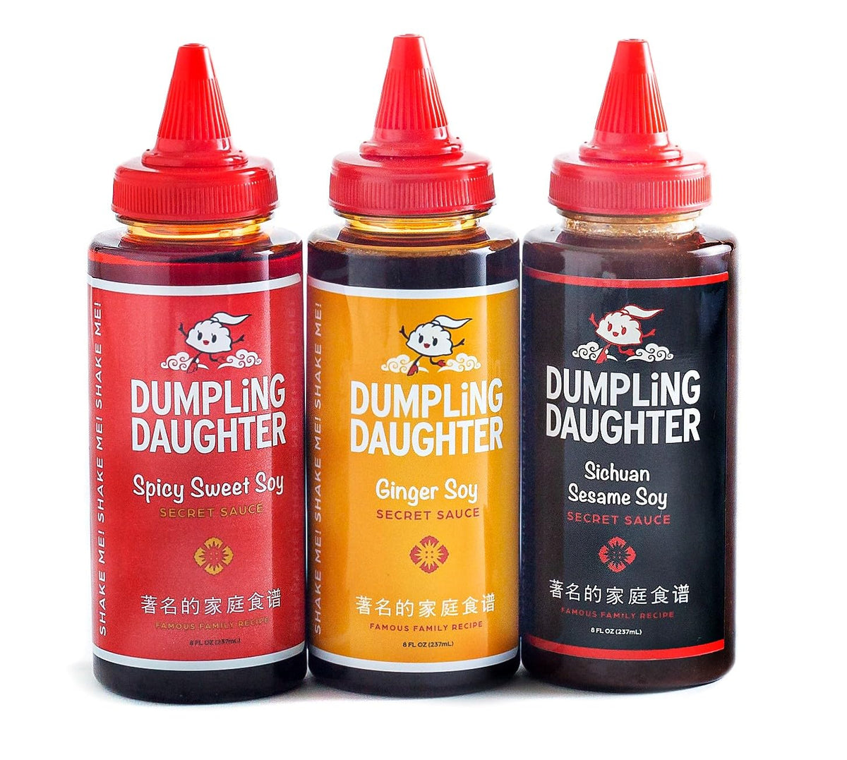 Dumpling Daughter spicy sweet soy trio bottles displayed for dumplings and stir-fries.