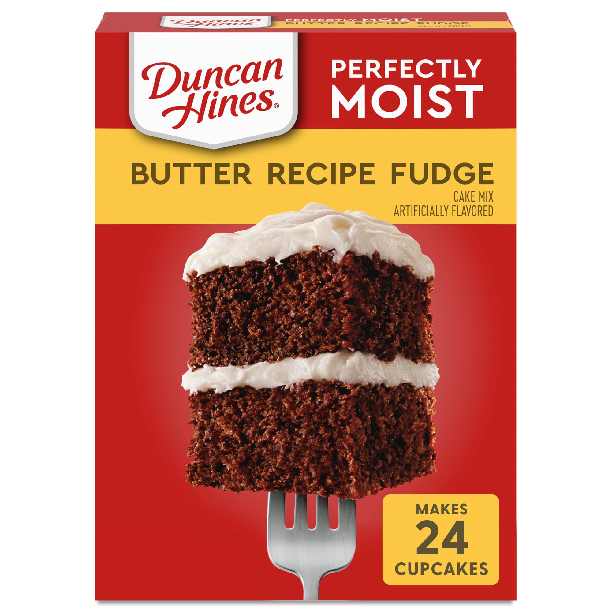 Duncan Hines Butter Recipe Fudge Cake Mix box ready for quick family baking
