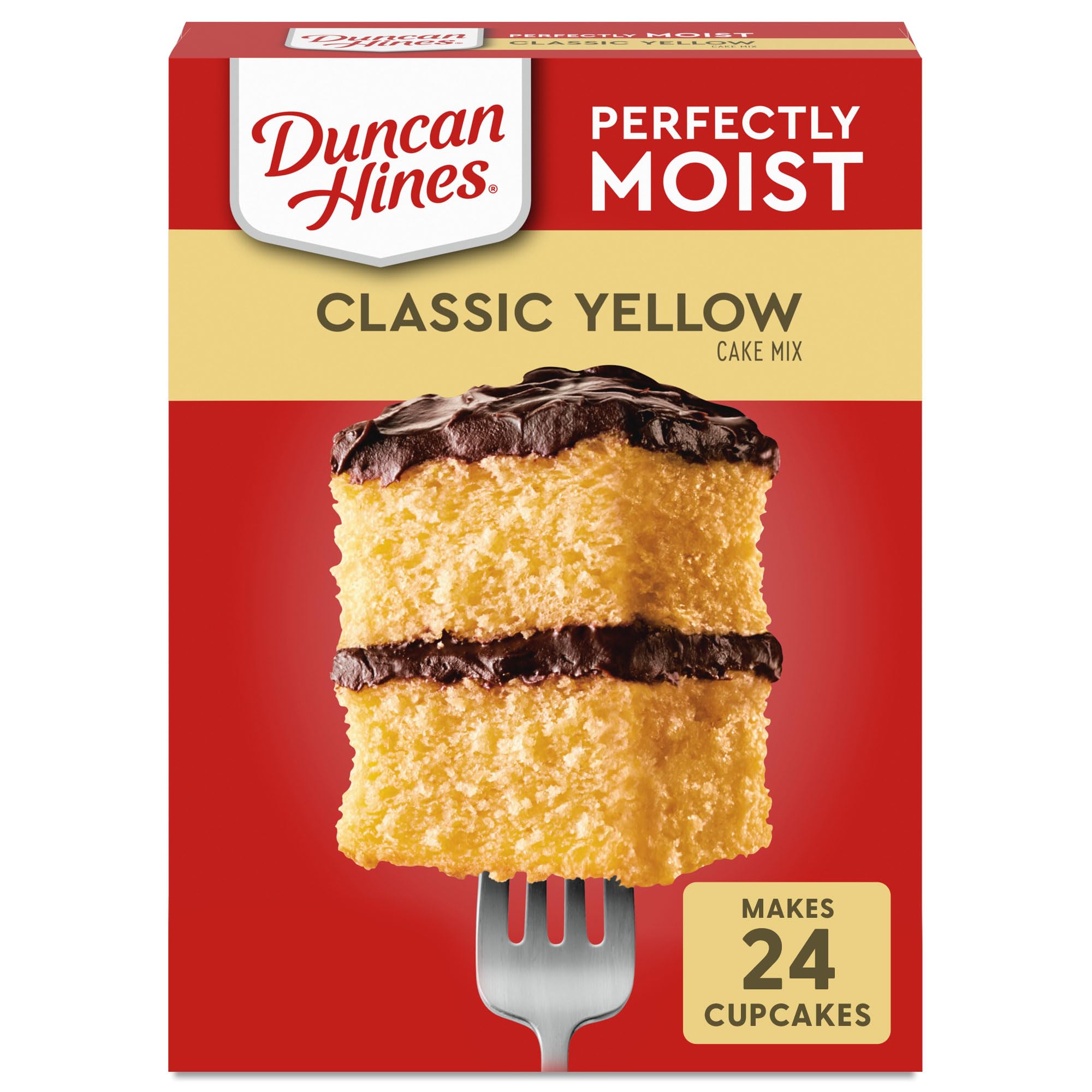 Duncan Hines Classic Yellow Cake Mix box on a sunny kitchen counter, ideal for Easter desserts.